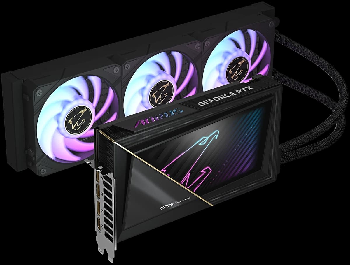 GIGABYTE AORUS GeForce RTX 5090 XTREME WATERFORCE 32G — видеокарта вместе с радиатором и вентиляторами