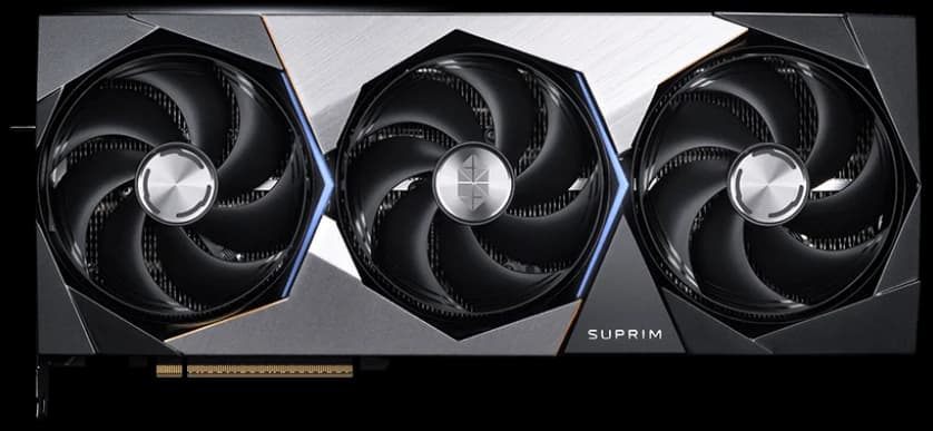 MSI GeForce RTX 5090 32G SUPRIM SOC — вид спереди, вентиляторы