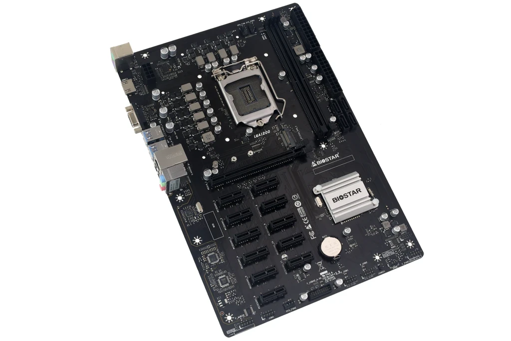 BIOSTAR TB560-BTC PRO — материнская плата для майнинга — вид платы под углом